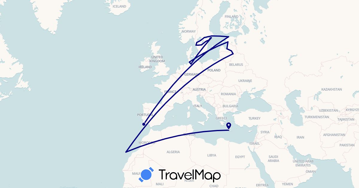 TravelMap itinerary: driving in Germany, Denmark, Estonia, Spain, Greece, Latvia, Portugal, Sweden (Europe)